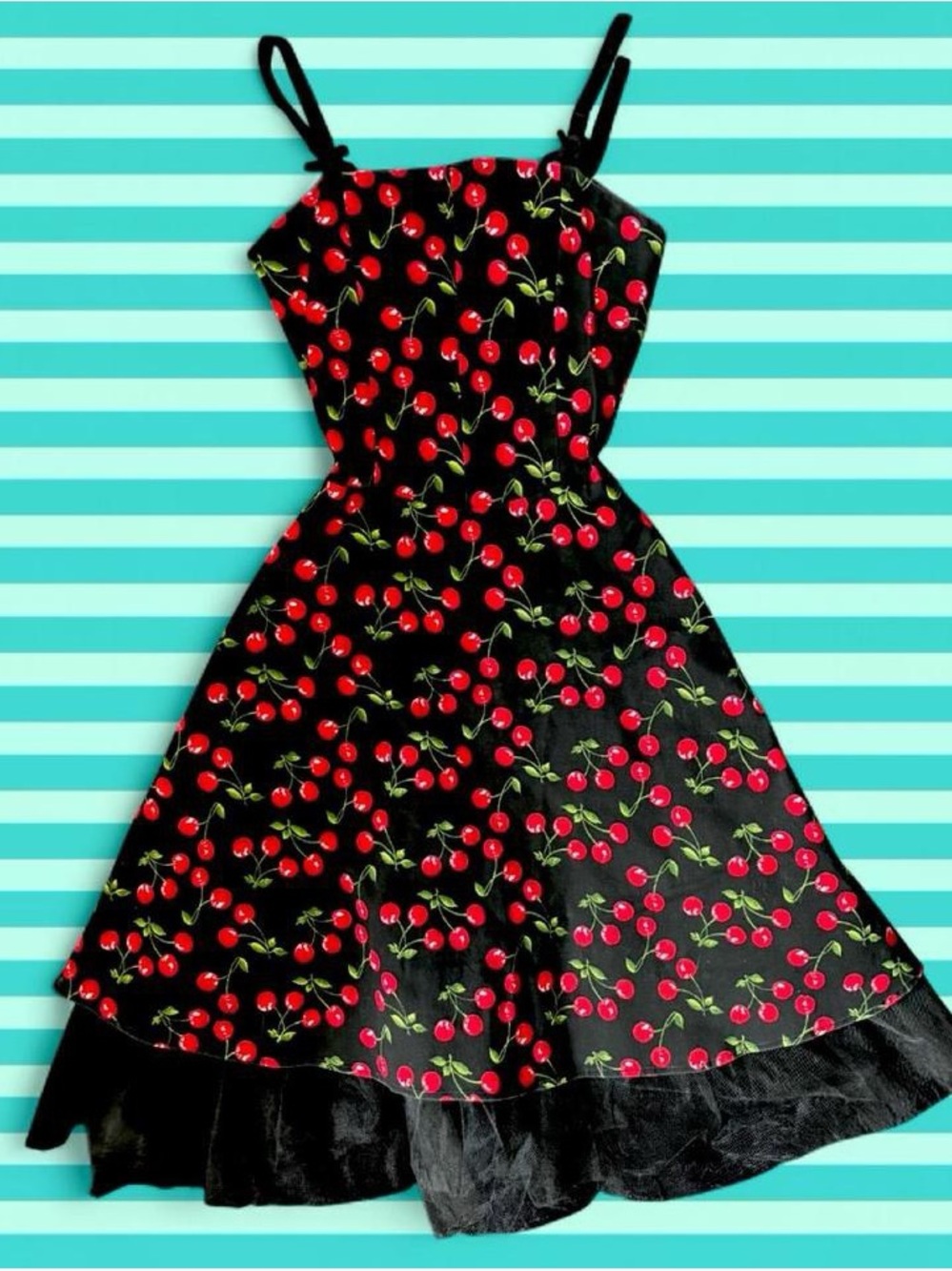 Rare Vintage Hot Topic Rockabilly Black & Red Cherry Midi Dress ~ Size XS